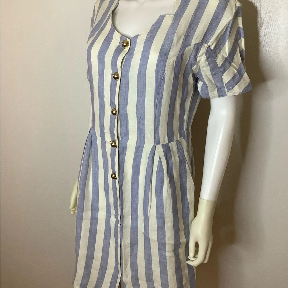 Elegant Linen Chunky Gold Button Blue and White Striped Midi Dress VTG - Picture 13 of 13